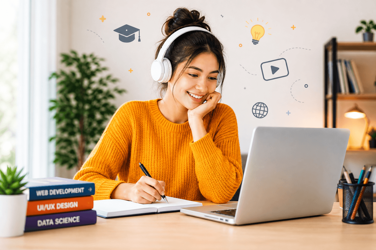 Student learning online with laptop